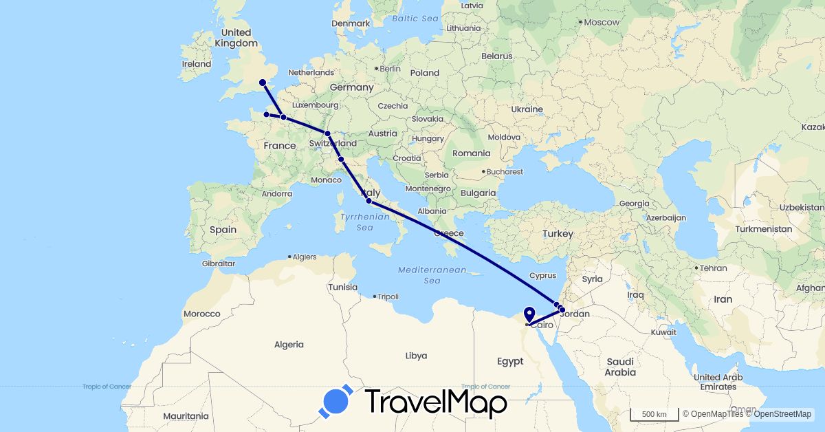 TravelMap itinerary: driving in Switzerland, Egypt, France, United Kingdom, Israel, Italy, Palestinian Territories (Africa, Asia, Europe)